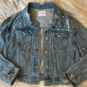 Tinseltown Blue Denim Jacket with Pearl Details